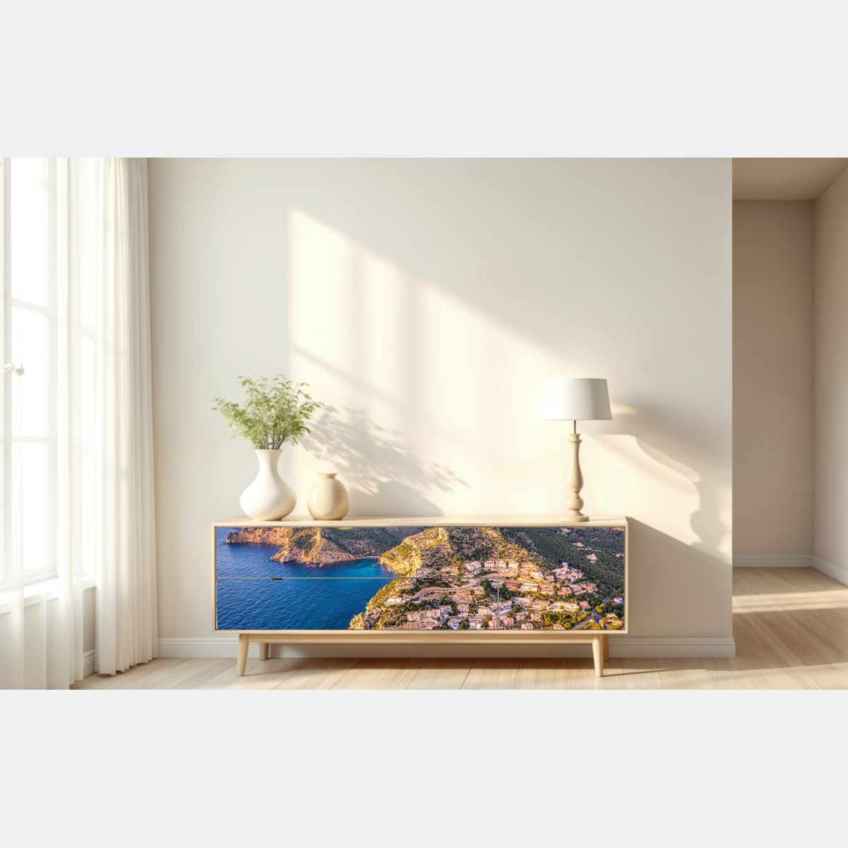 Repositionierbarer Aufkleber sonnenuntergang über küstenlandschaft mit dorf am kliff – Wallnifity® Repositionierbarer Aufkleber sonnenuntergang über küstenlandschaft mit dorf am kliff – Wallnifity®