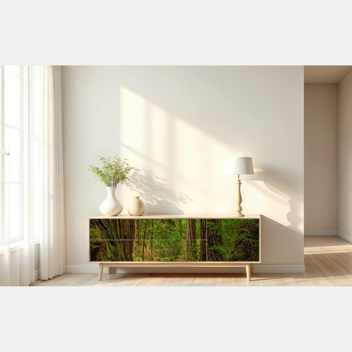 Repositionierbarer Aufkleber majestätischer waldpfad zwischen mammutbäumen – Wallnifity® Repositionierbarer Aufkleber majestätischer waldpfad zwischen mammutbäumen – Wallnifity®
