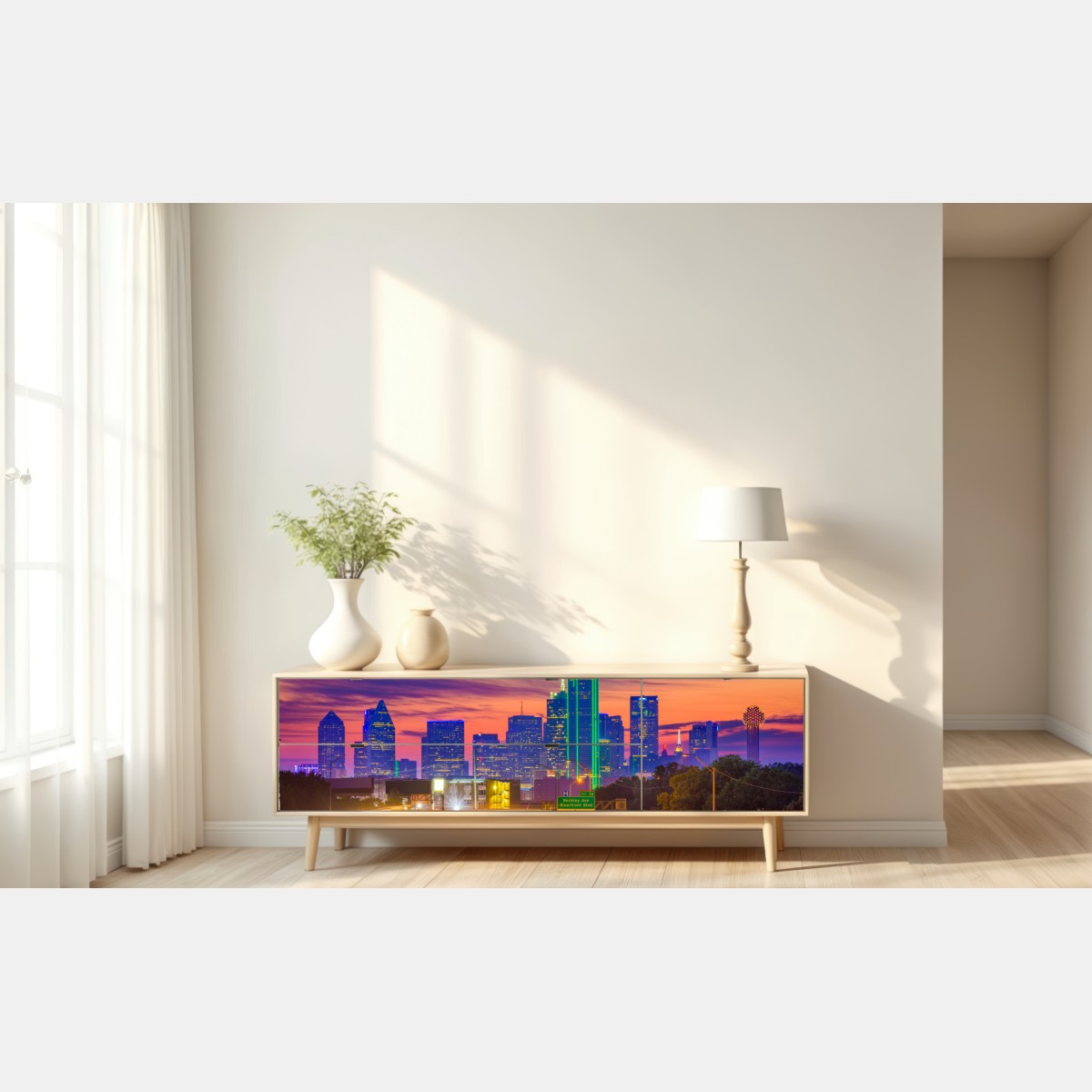 Repositionierbarer Aufkleber panorama von Dallas bei sonnenuntergang mit lichtspuren auf der autobahn – Wallnifity® Repositionierbarer Aufkleber panorama von Dallas bei sonnenuntergang mit lichtspuren auf der autobahn – Wallnifity®