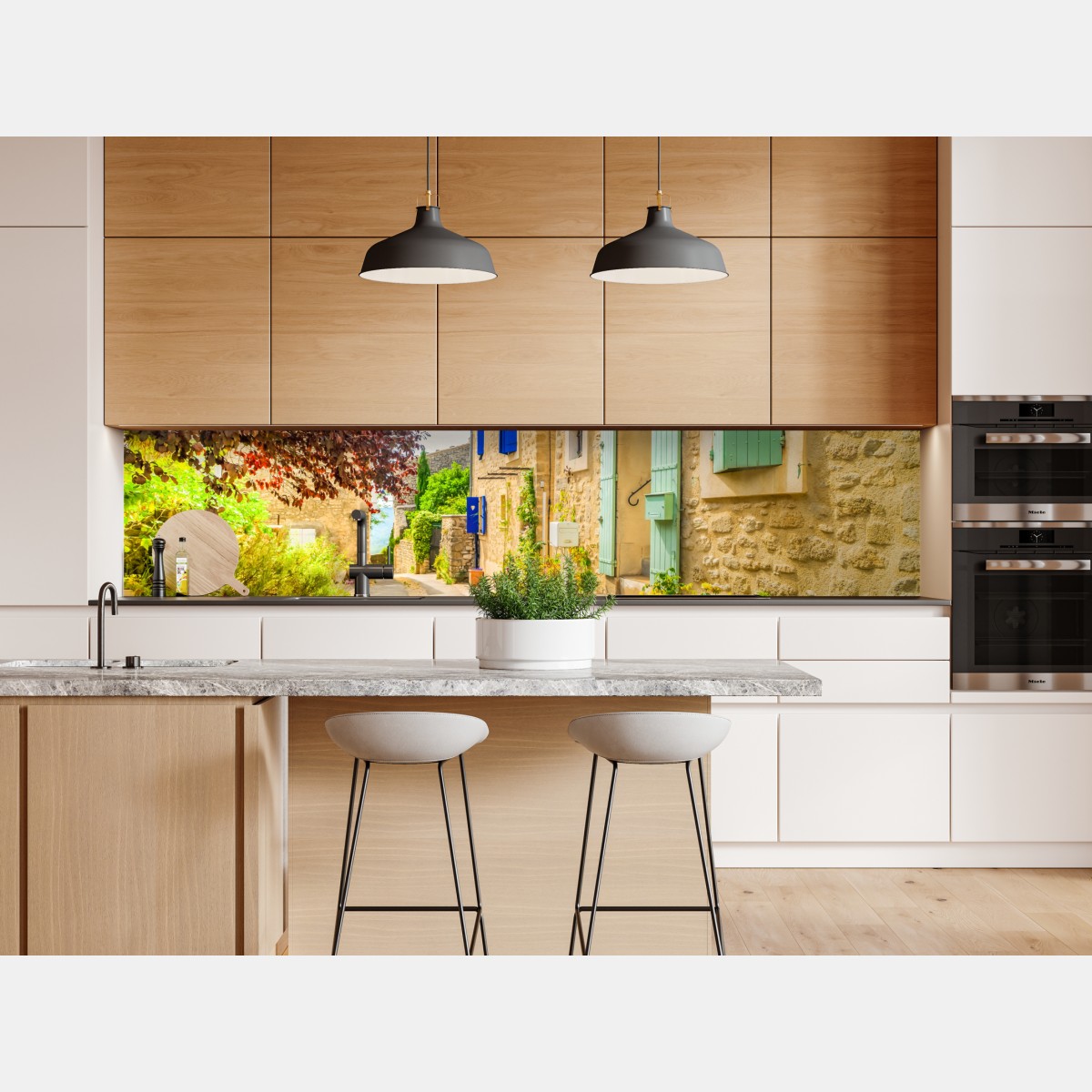 Repositionierbarer Aufkleber sonnenbeschienene dorfstraße mit steinhäusern und bunten fensterläden – Wallnifity® Repositionierbarer Aufkleber sonnenbeschienene dorfstraße mit steinhäusern und bunten fensterläden – Wallnifity®