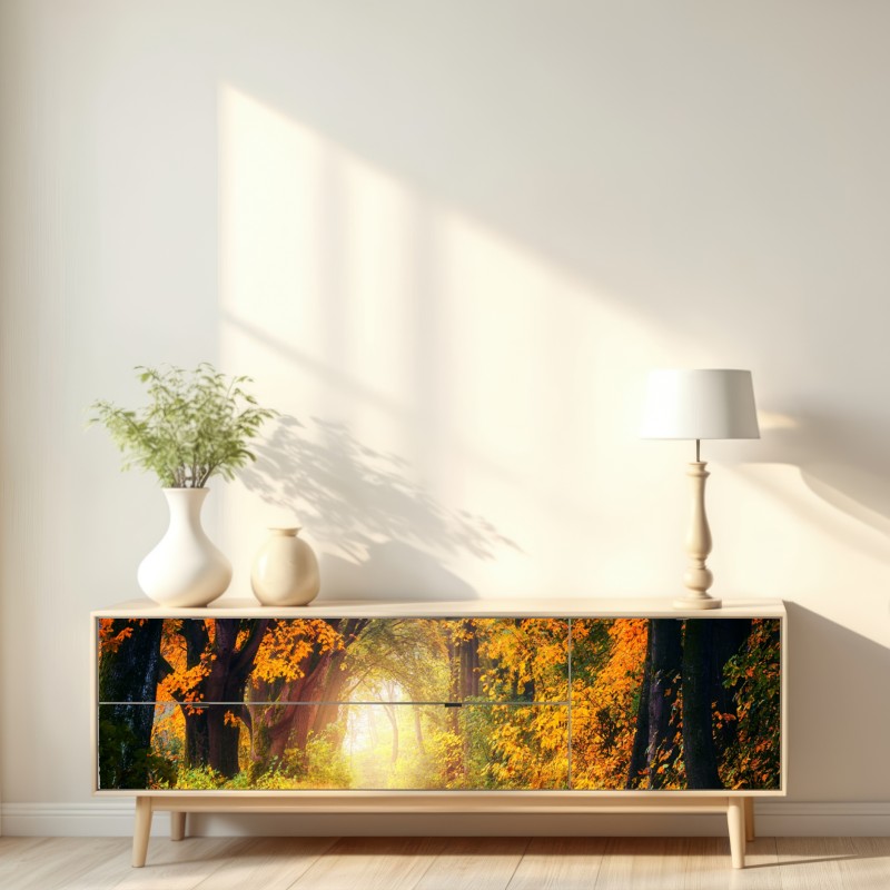 Repositionierbarer Aufkleber herbstlicher waldpfad im goldenen licht – Wallnifity® Repositionierbarer Aufkleber herbstlicher waldpfad im goldenen licht – Wallnifity®