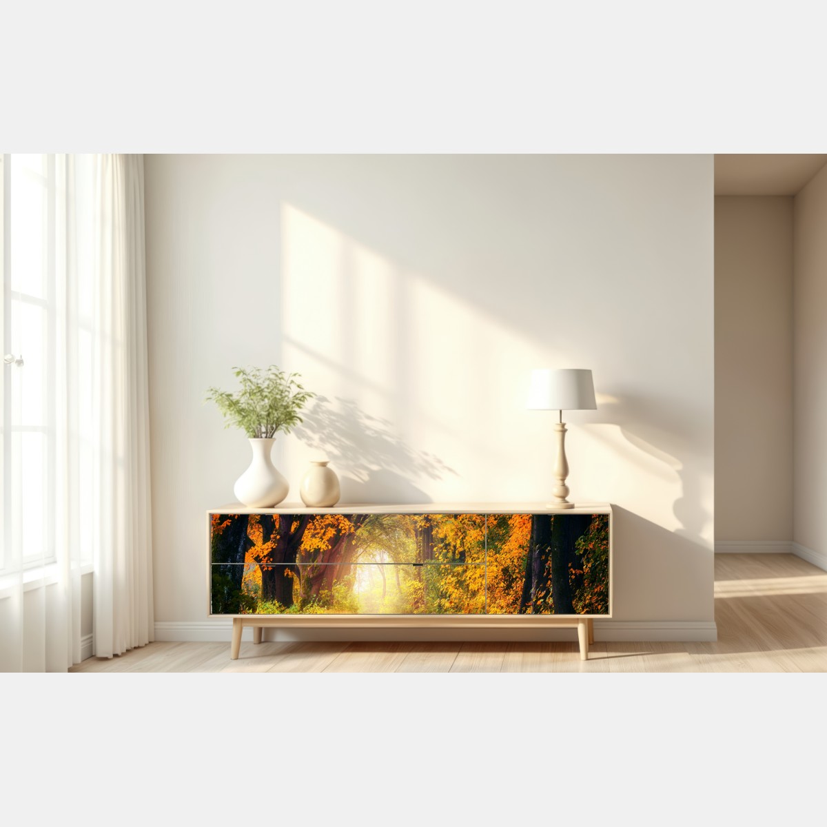 Repositionierbarer Aufkleber herbstlicher waldpfad im goldenen licht – Wallnifity® Repositionierbarer Aufkleber herbstlicher waldpfad im goldenen licht – Wallnifity®