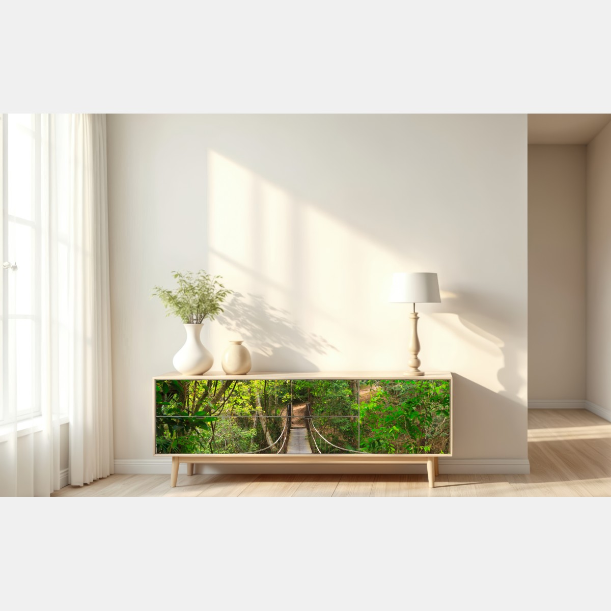 Repositionierbarer Aufkleber hängende holzbrücke im grünen wald – Wallnifity® Repositionierbarer Aufkleber hängende holzbrücke im grünen wald – Wallnifity®