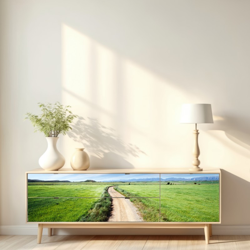 Repositionierbarer Aufkleber gewundener landweg durch grüne wiesen – Wallnifity® Repositionierbarer Aufkleber gewundener landweg durch grüne wiesen – Wallnifity®