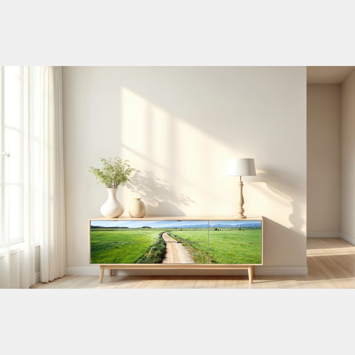 Repositionierbarer Aufkleber gewundener landweg durch grüne wiesen – Wallnifity® Repositionierbarer Aufkleber gewundener landweg durch grüne wiesen – Wallnifity®