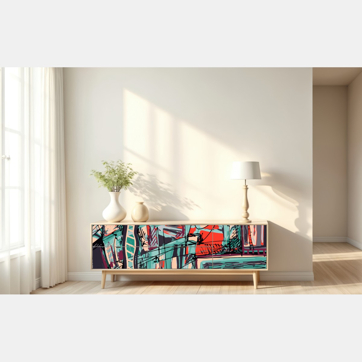 Repositionierbarer Aufkleber türkis-korall abstrakte komposition – Wallnifity® Repositionierbarer Aufkleber türkis-korall abstrakte komposition – Wallnifity®