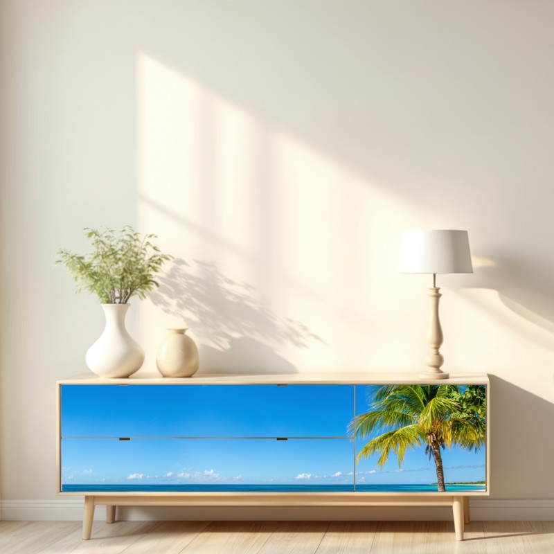 Repositionierbarer Aufkleber tropischer strand mit türkiswasser und palme – Wallnifity® Repositionierbarer Aufkleber tropischer strand mit türkiswasser und palme – Wallnifity®