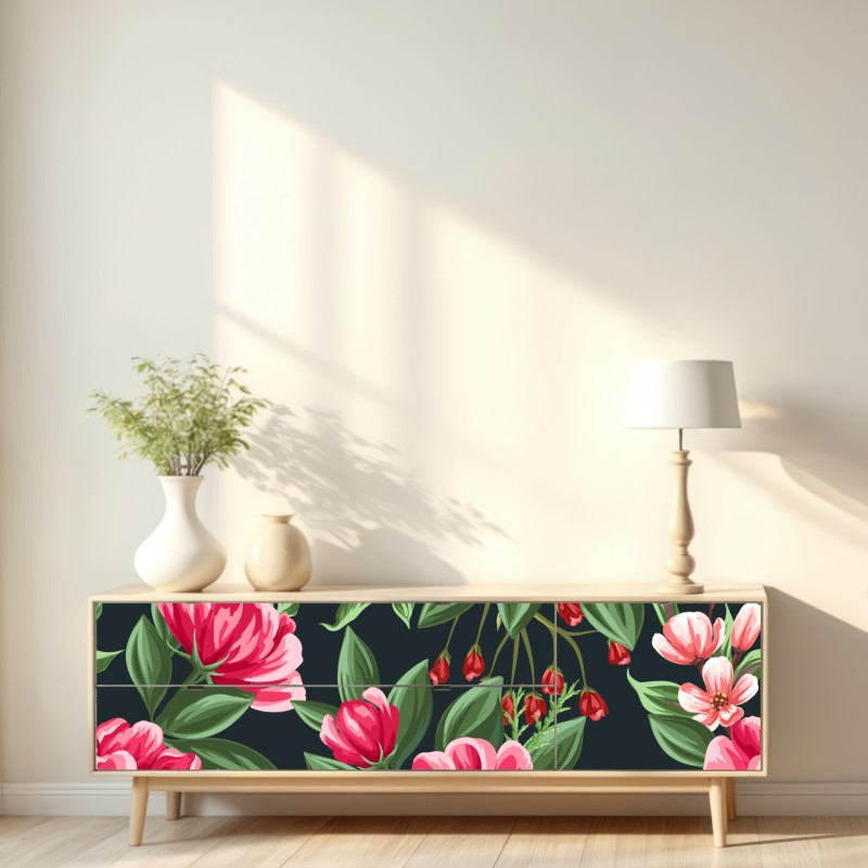 Repositionierbarer Aufkleber rosa aquarell blumenmuster auf dunklem hintergrund – Wallnifity® Repositionierbarer Aufkleber rosa aquarell blumenmuster auf dunklem hintergrund – Wallnifity®