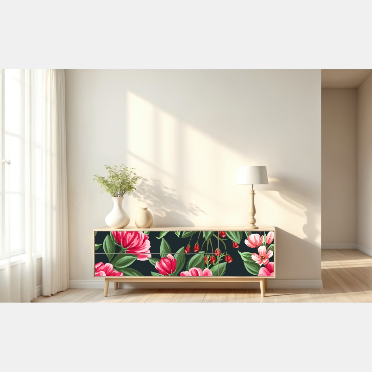 Repositionierbarer Aufkleber rosa aquarell blumenmuster auf dunklem hintergrund – Wallnifity® Repositionierbarer Aufkleber rosa aquarell blumenmuster auf dunklem hintergrund – Wallnifity®