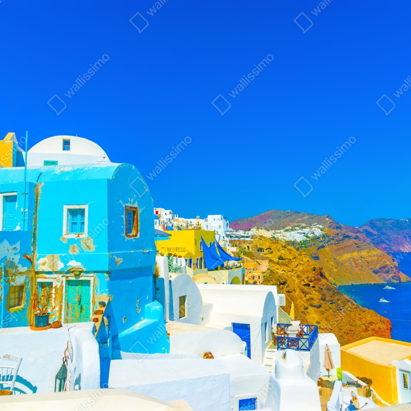Repositionierbarer Aufkleber sonniger blick auf Oia, Santorini – Wallnifity® Repositionierbarer Aufkleber sonniger blick auf Oia, Santorini – Wallnifity®