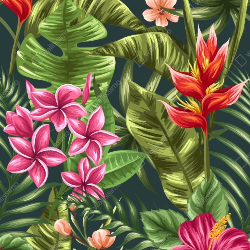Repositionierbarer Aufkleber tropisches hibiskus- und plumeria-blumenmuster – Wallnifity® Repositionierbarer Aufkleber tropisches hibiskus- und plumeria-blumenmuster – Wallnifity®