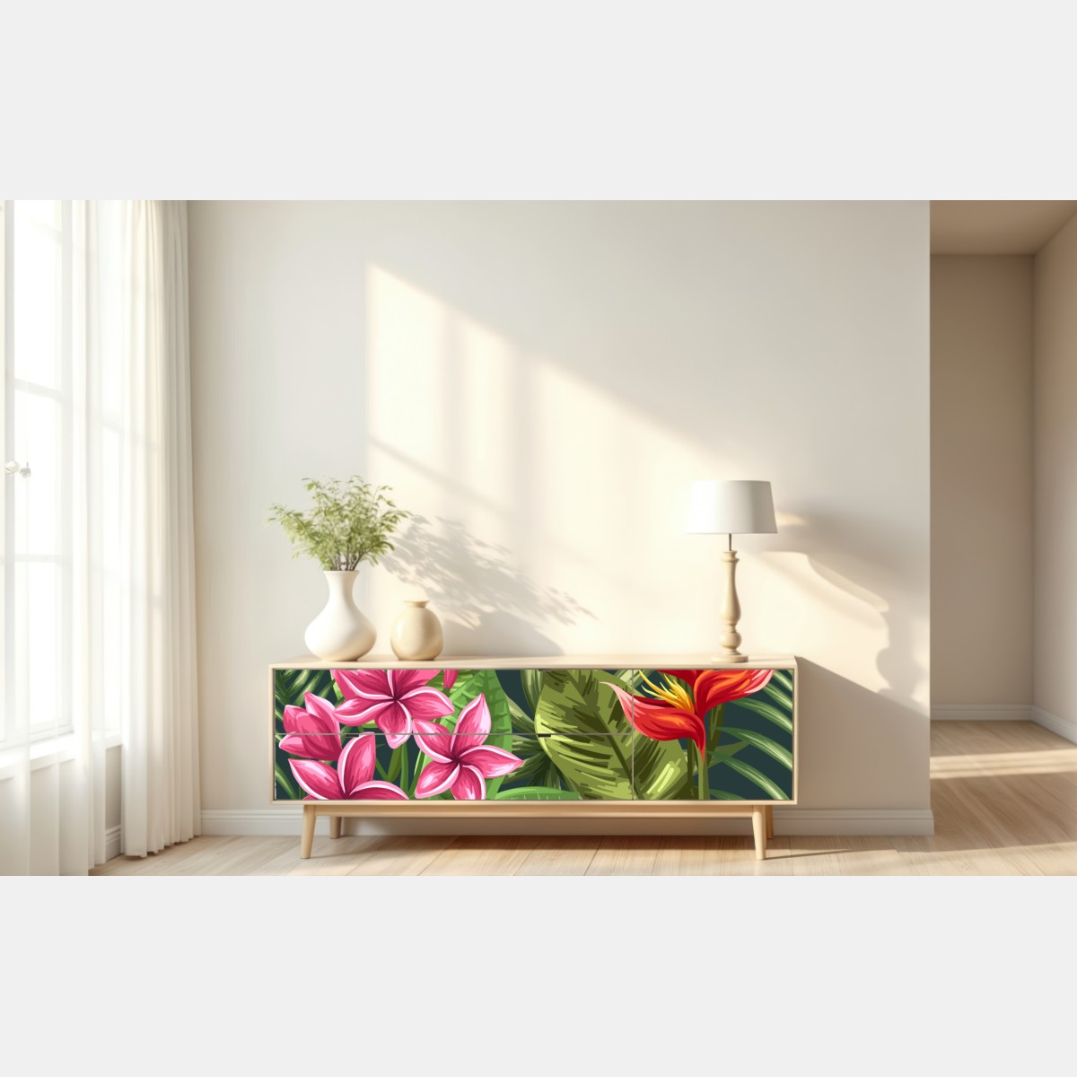 Repositionierbarer Aufkleber tropisches hibiskus- und plumeria-blumenmuster – Wallnifity® Repositionierbarer Aufkleber tropisches hibiskus- und plumeria-blumenmuster – Wallnifity®