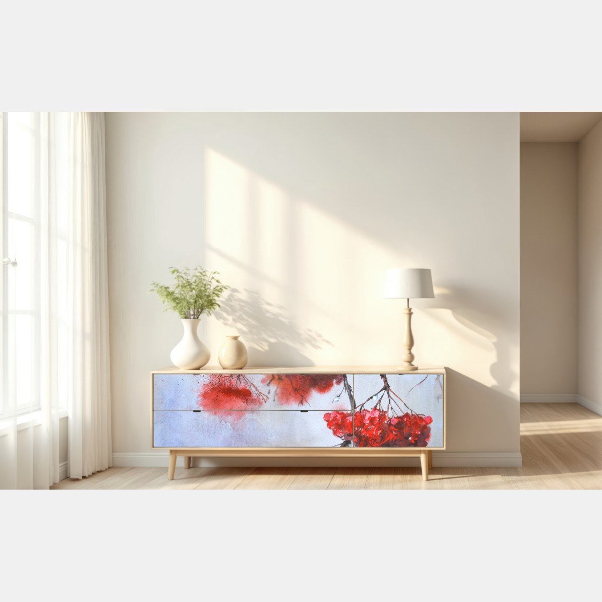 Repositionierbarer Aufkleber aquarell rote beeren an zweigen – Wallnifity® Repositionierbarer Aufkleber aquarell rote beeren an zweigen – Wallnifity®