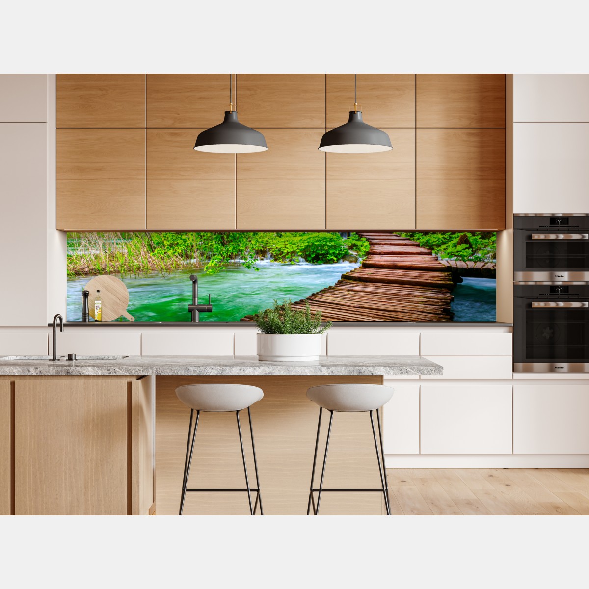 Repositionierbarer Aufkleber ruhiger grüner steg über dem fluss – Wallnifity® Repositionierbarer Aufkleber ruhiger grüner steg über dem fluss – Wallnifity®