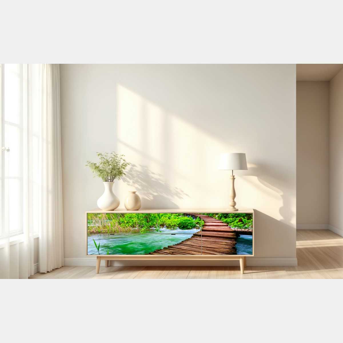 Repositionierbarer Aufkleber ruhiger grüner steg über dem fluss – Wallnifity® Repositionierbarer Aufkleber ruhiger grüner steg über dem fluss – Wallnifity®