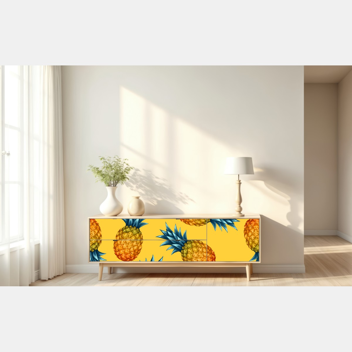 Repositionierbarer Aufkleber tropisches ananasmuster auf gelbem hintergrund – Wallnifity® Repositionierbarer Aufkleber tropisches ananasmuster auf gelbem hintergrund – Wallnifity®