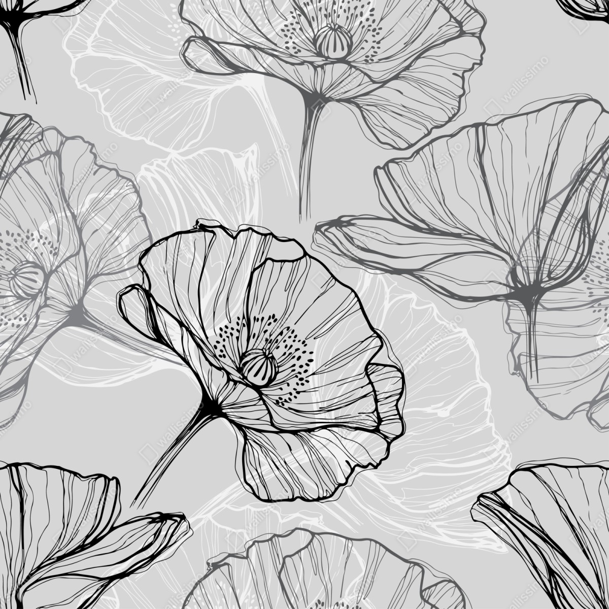 Repositionierbarer Aufkleber zarter grauer mohn in linienzeichnung – Wallnifity® Repositionierbarer Aufkleber zarter grauer mohn in linienzeichnung – Wallnifity®