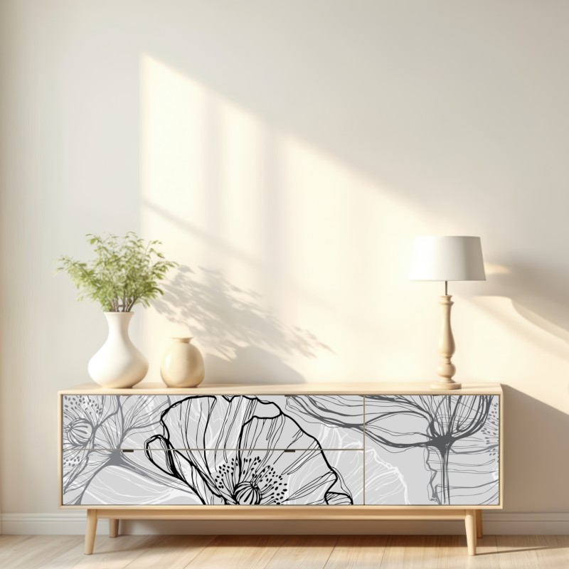 Repositionierbarer Aufkleber zarter grauer mohn in linienzeichnung – Wallnifity® Repositionierbarer Aufkleber zarter grauer mohn in linienzeichnung – Wallnifity®