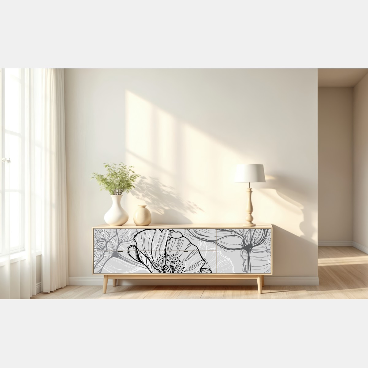 Repositionierbarer Aufkleber zarter grauer mohn in linienzeichnung – Wallnifity® Repositionierbarer Aufkleber zarter grauer mohn in linienzeichnung – Wallnifity®