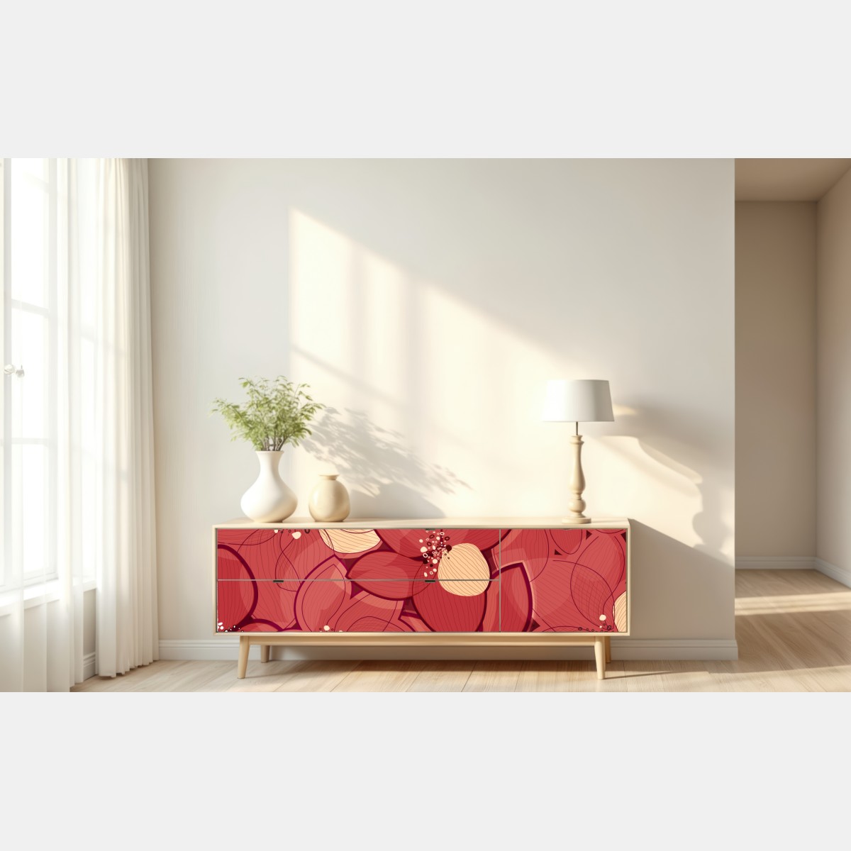 Repositionierbarer Aufkleber rotes blumenmuster mit beigen mittelpunkten – Wallnifity® Repositionierbarer Aufkleber rotes blumenmuster mit beigen mittelpunkten – Wallnifity®