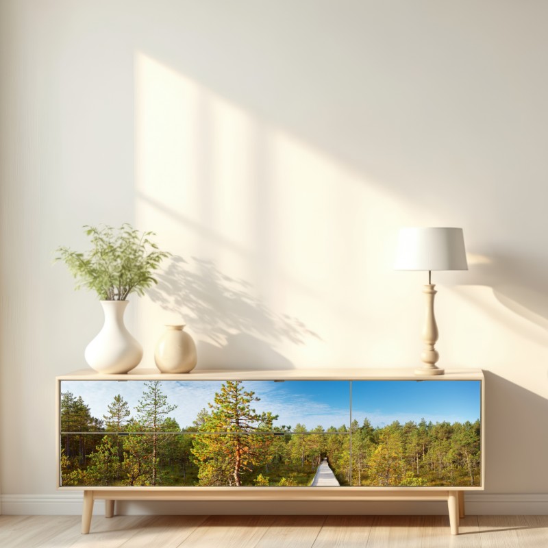 Repositionierbarer Aufkleber sonniger steg durch den kiefernwald – Wallnifity® Repositionierbarer Aufkleber sonniger steg durch den kiefernwald – Wallnifity®