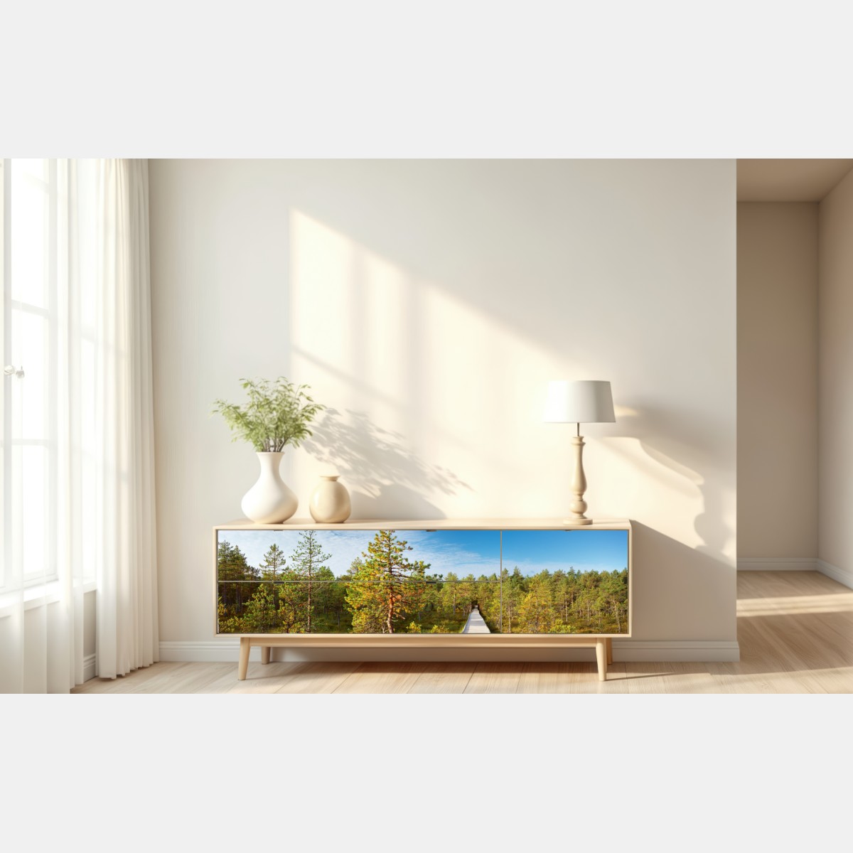 Repositionierbarer Aufkleber sonniger steg durch den kiefernwald – Wallnifity® Repositionierbarer Aufkleber sonniger steg durch den kiefernwald – Wallnifity®