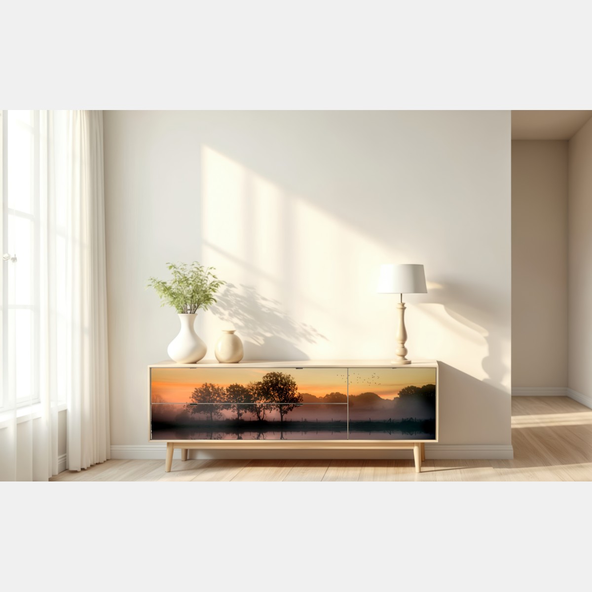 Repositionierbarer Aufkleber nebliger herbstlicher sonnenaufgang über Englischer landschaft – Wallnifity® Repositionierbarer Aufkleber nebliger herbstlicher sonnenaufgang über Englischer landschaft – Wallnifity®