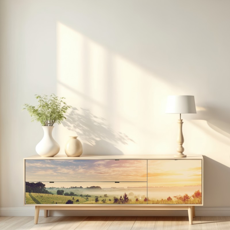 Repositionierbarer Aufkleber nebeliger sonnenaufgang über einer ländlichen wiese – Wallnifity® Repositionierbarer Aufkleber nebeliger sonnenaufgang über einer ländlichen wiese – Wallnifity®