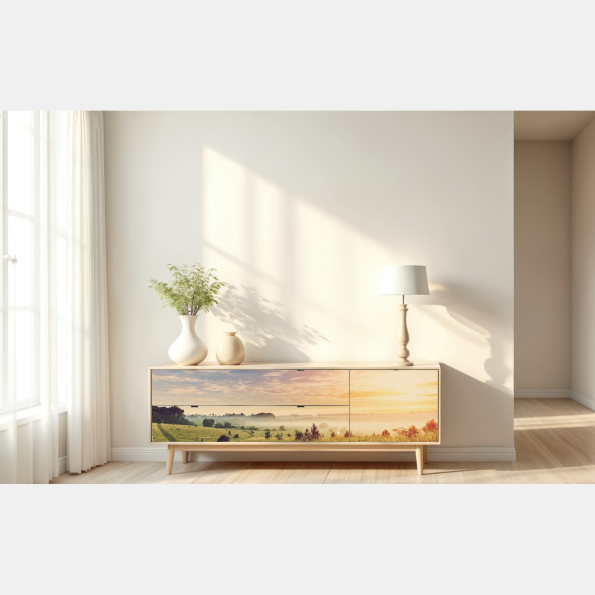 Repositionierbarer Aufkleber nebeliger sonnenaufgang über einer ländlichen wiese – Wallnifity® Repositionierbarer Aufkleber nebeliger sonnenaufgang über einer ländlichen wiese – Wallnifity®