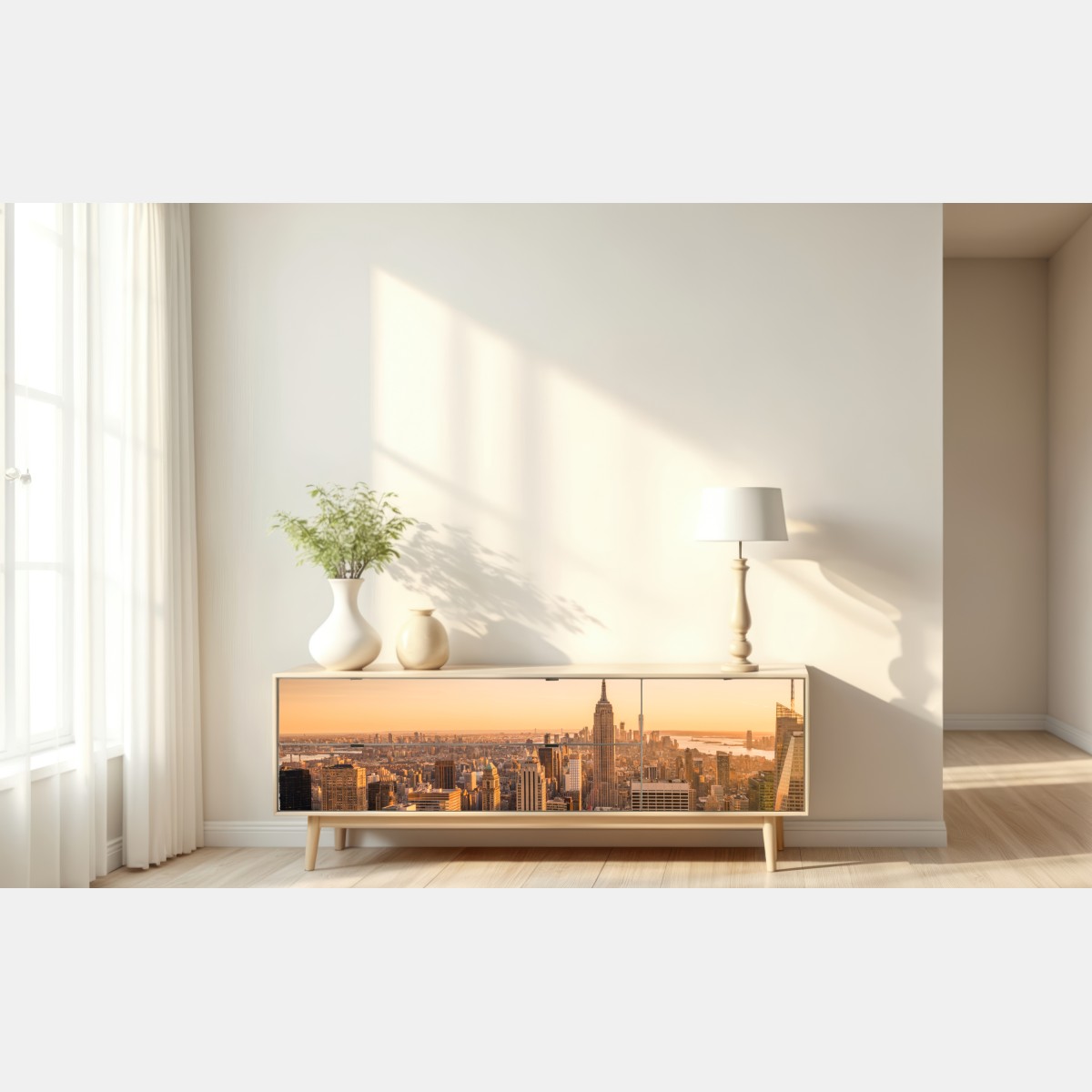 Repositionierbarer Aufkleber goldener sonnenuntergang über der skyline von New York – Wallnifity® Repositionierbarer Aufkleber goldener sonnenuntergang über der skyline von New York – Wallnifity®