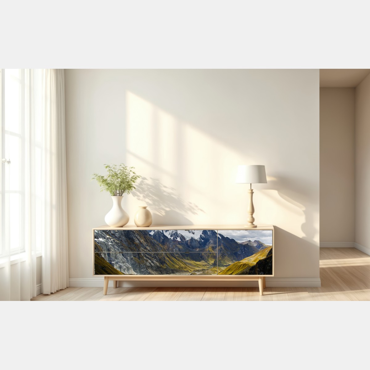 Repositionierbarer Aufkleber türkisblauer bergsee unter schneegipfeln – Wallnifity® Repositionierbarer Aufkleber türkisblauer bergsee unter schneegipfeln – Wallnifity®