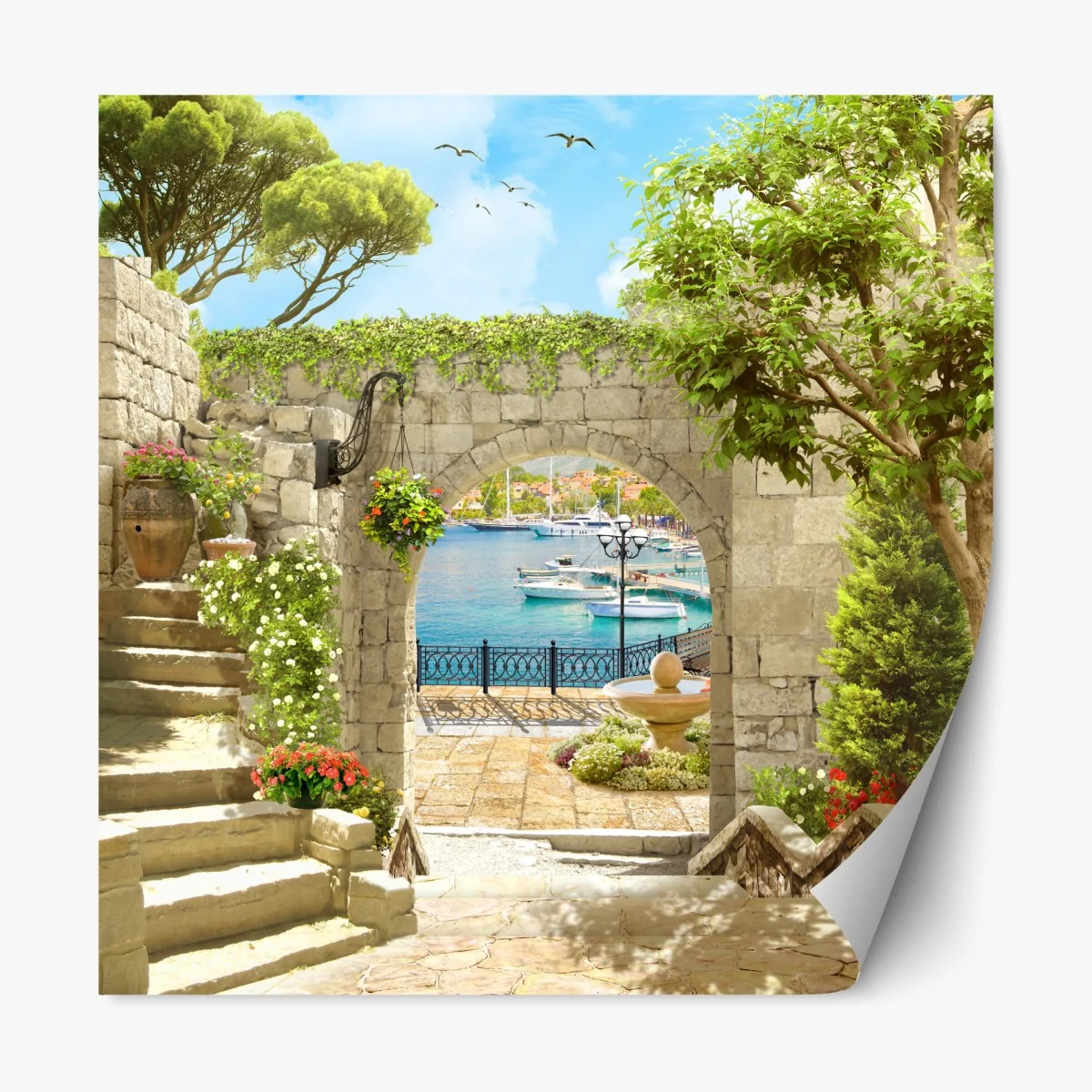 Repositionierbarer Aufkleber mediterraner blick durch eine arkade – Wallnifity® Repositionierbarer Aufkleber mediterraner blick durch eine arkade – Wallnifity®