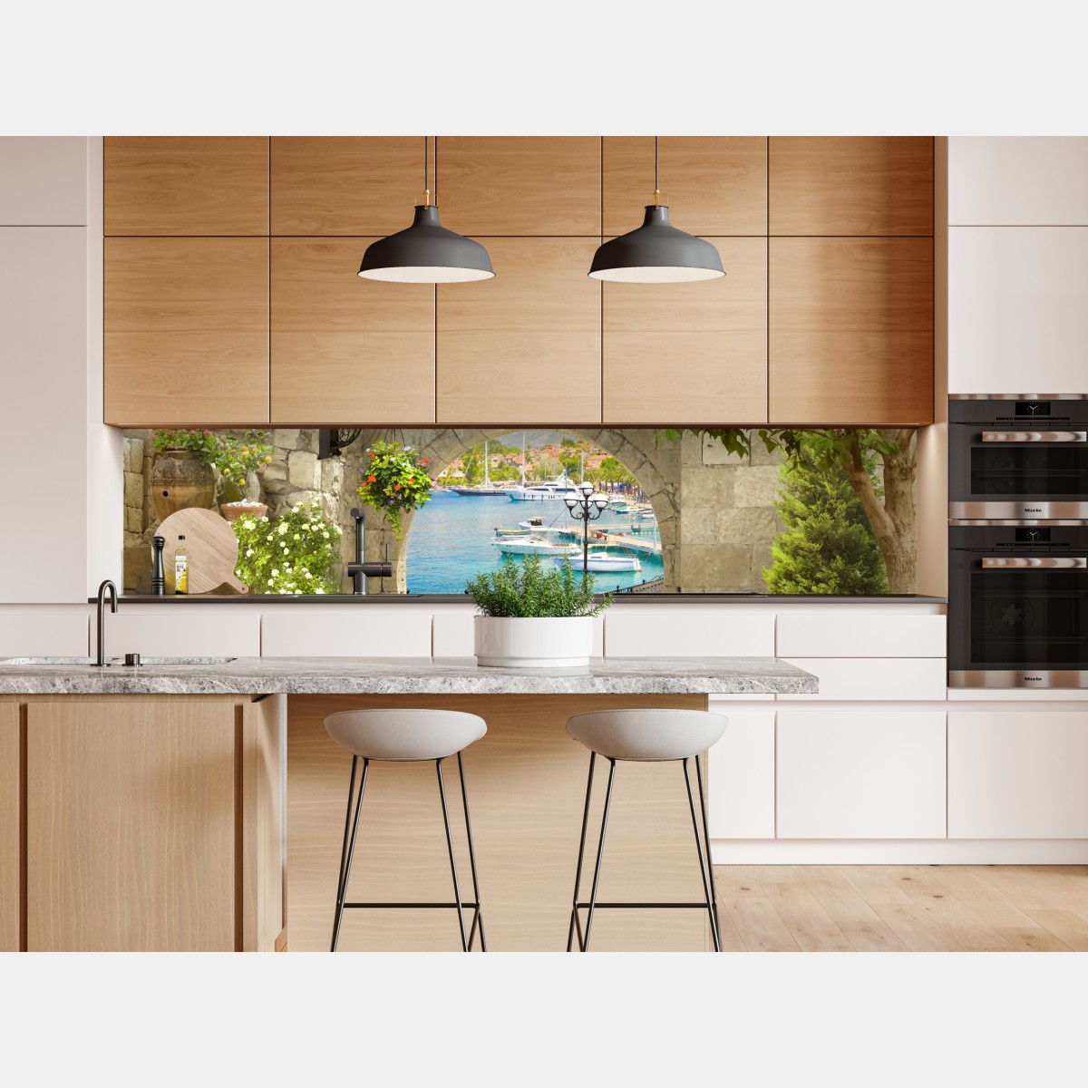 Repositionierbarer Aufkleber mediterraner blick durch eine arkade – Wallnifity® Repositionierbarer Aufkleber mediterraner blick durch eine arkade – Wallnifity®