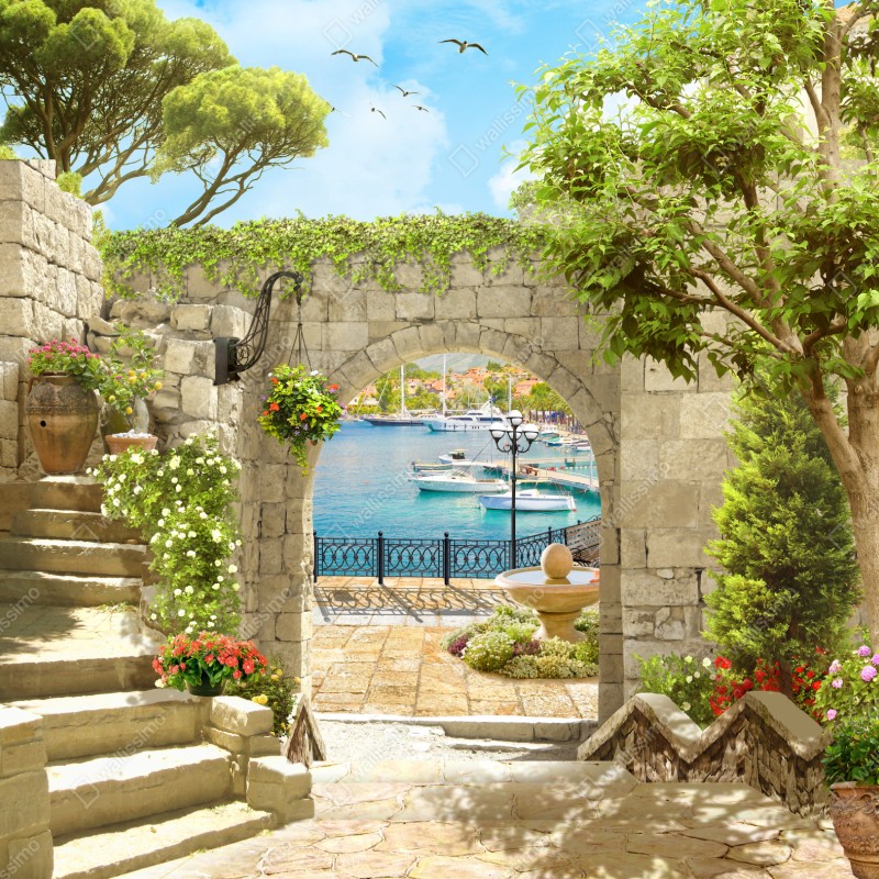 Repositionierbarer Aufkleber mediterraner blick durch eine arkade – Wallnifity® Repositionierbarer Aufkleber mediterraner blick durch eine arkade – Wallnifity®