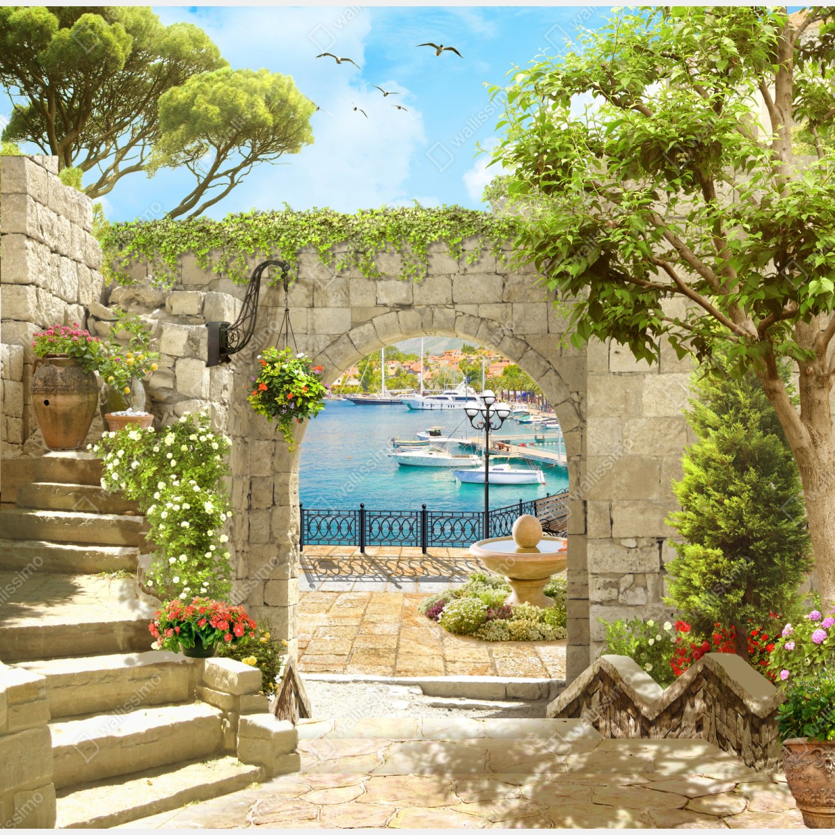 Repositionierbarer Aufkleber mediterraner blick durch eine arkade – Wallnifity® Repositionierbarer Aufkleber mediterraner blick durch eine arkade – Wallnifity®