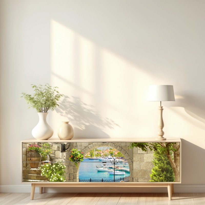 Repositionierbarer Aufkleber mediterraner blick durch eine arkade – Wallnifity® Repositionierbarer Aufkleber mediterraner blick durch eine arkade – Wallnifity®