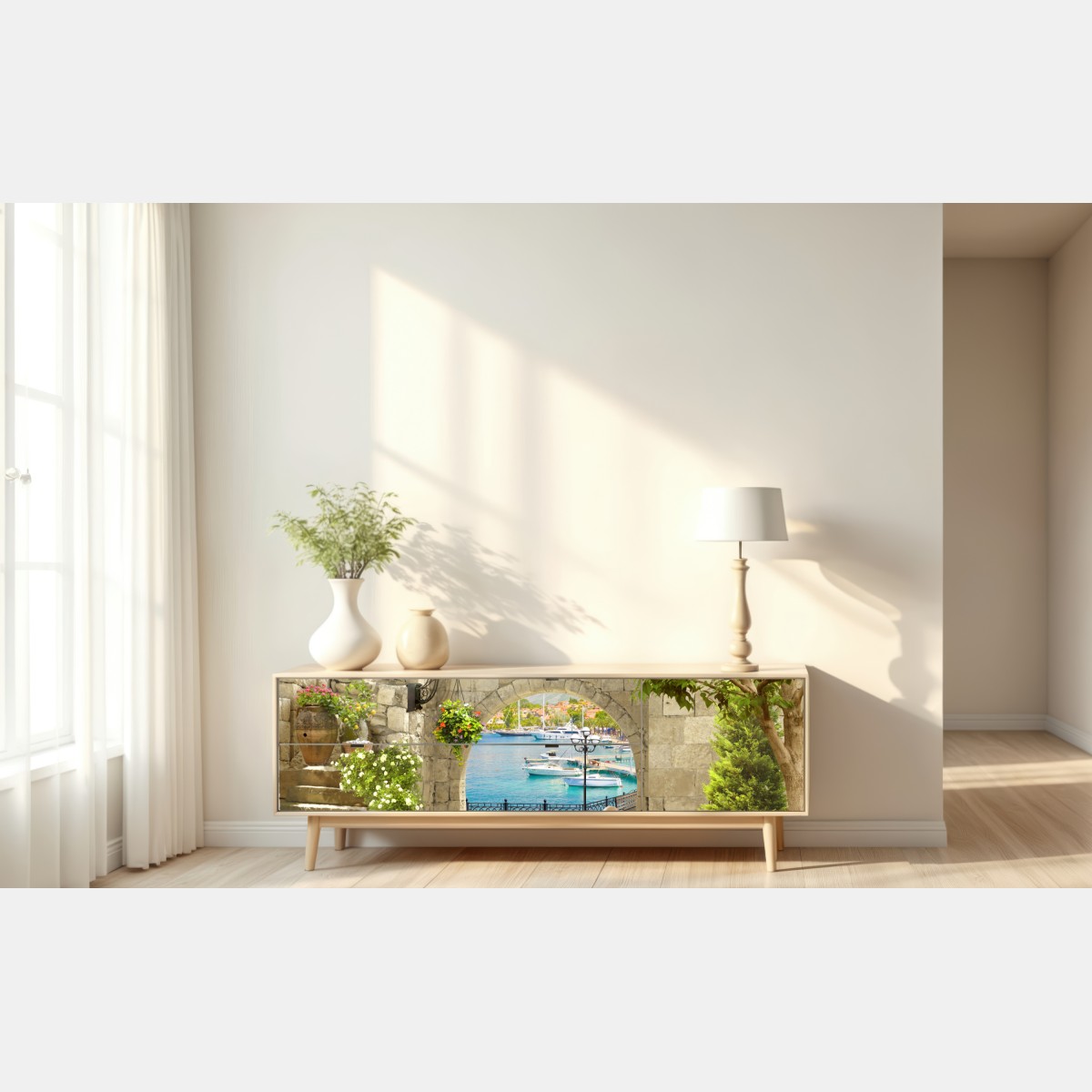 Repositionierbarer Aufkleber mediterraner blick durch eine arkade – Wallnifity® Repositionierbarer Aufkleber mediterraner blick durch eine arkade – Wallnifity®