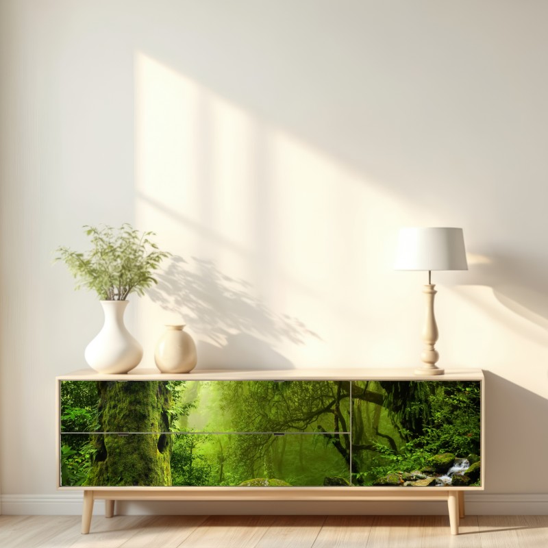 Repositionierbarer Aufkleber verzauberter grüner waldbach – Wallnifity® Repositionierbarer Aufkleber verzauberter grüner waldbach – Wallnifity®