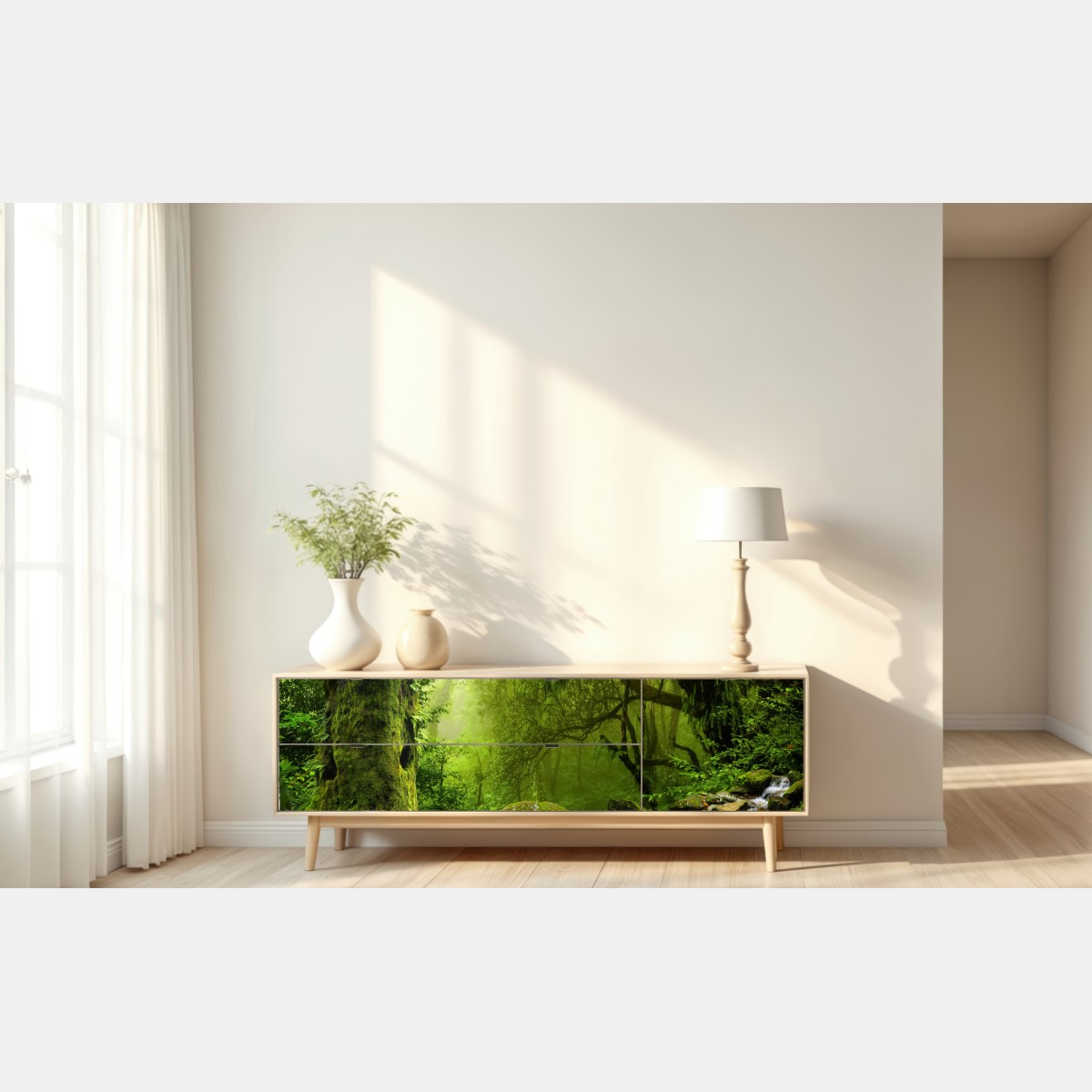 Repositionierbarer Aufkleber verzauberter grüner waldbach – Wallnifity® Repositionierbarer Aufkleber verzauberter grüner waldbach – Wallnifity®