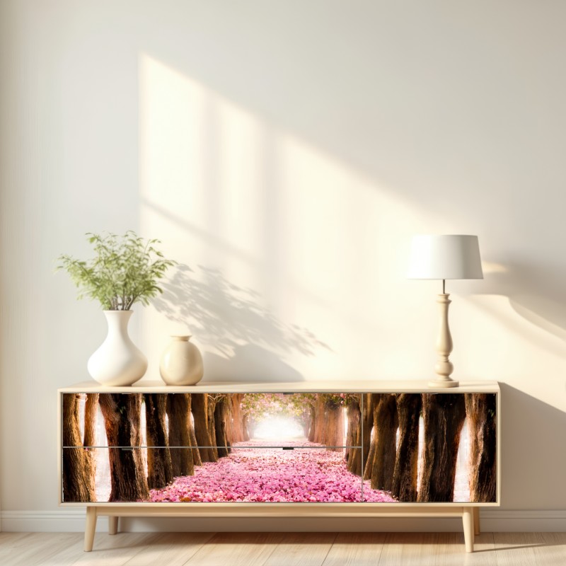 Repositionierbarer Aufkleber rosa blütenallee unter kirschbäumen – Wallnifity® Repositionierbarer Aufkleber rosa blütenallee unter kirschbäumen – Wallnifity®