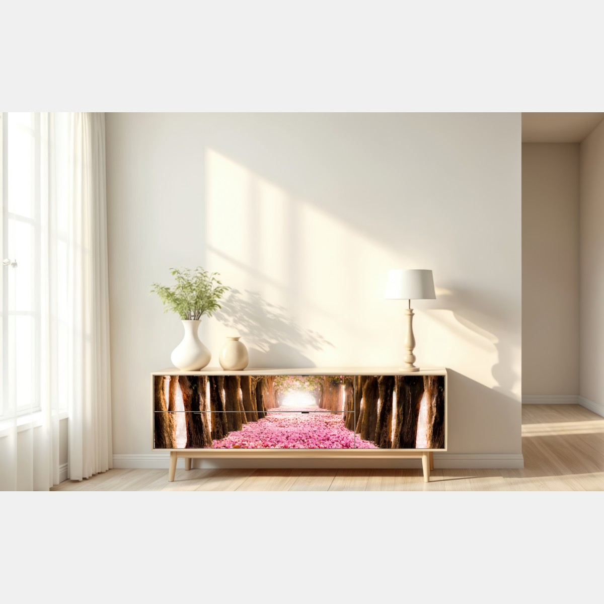 Repositionierbarer Aufkleber rosa blütenallee unter kirschbäumen – Wallnifity® Repositionierbarer Aufkleber rosa blütenallee unter kirschbäumen – Wallnifity®
