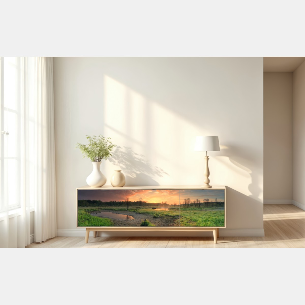 Repositionierbarer Aufkleber sonnenuntergang über einer ruhigen wiese – Wallnifity® Repositionierbarer Aufkleber sonnenuntergang über einer ruhigen wiese – Wallnifity®