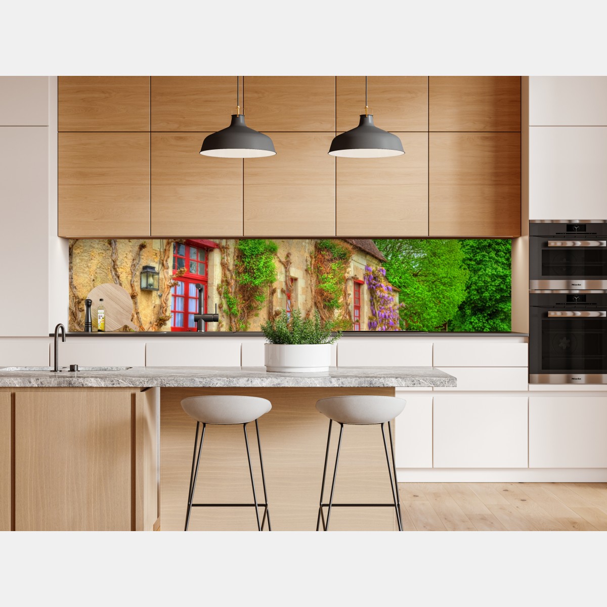 Repositionierbarer Aufkleber reizendes landhaus mit blühender glyzinie – Wallnifity® Repositionierbarer Aufkleber reizendes landhaus mit blühender glyzinie – Wallnifity®