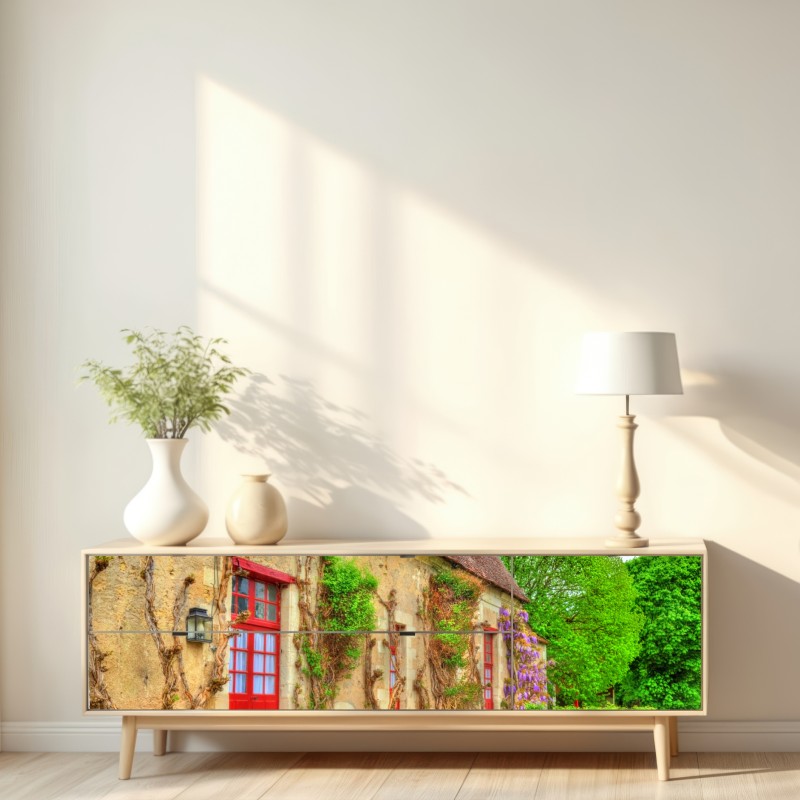 Repositionierbarer Aufkleber reizendes landhaus mit blühender glyzinie – Wallnifity® Repositionierbarer Aufkleber reizendes landhaus mit blühender glyzinie – Wallnifity®