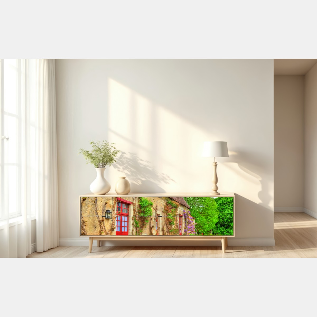 Repositionierbarer Aufkleber reizendes landhaus mit blühender glyzinie – Wallnifity® Repositionierbarer Aufkleber reizendes landhaus mit blühender glyzinie – Wallnifity®