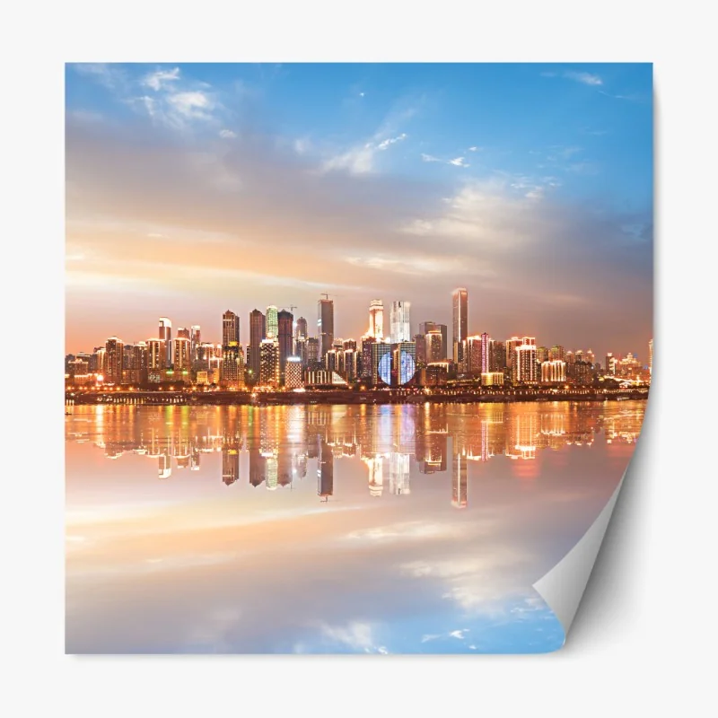 Repositionierbarer Aufkleber stadtsilhouette im spiegelbild bei dämmerung – Wallnifity® Repositionierbarer Aufkleber stadtsilhouette im spiegelbild bei dämmerung – Wallnifity®