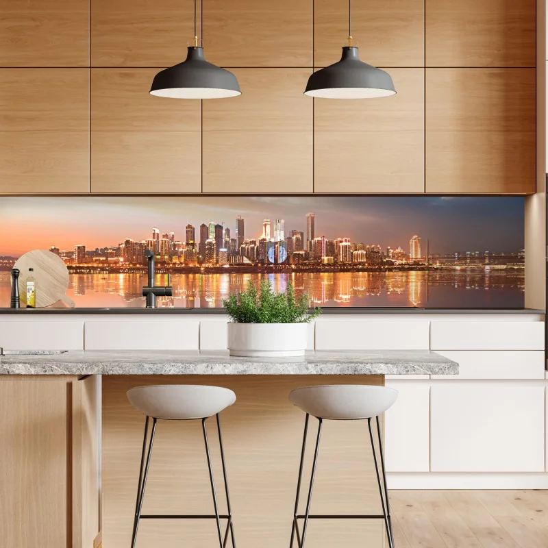 Repositionierbarer Aufkleber stadtsilhouette im spiegelbild bei dämmerung – Wallnifity® Repositionierbarer Aufkleber stadtsilhouette im spiegelbild bei dämmerung – Wallnifity®