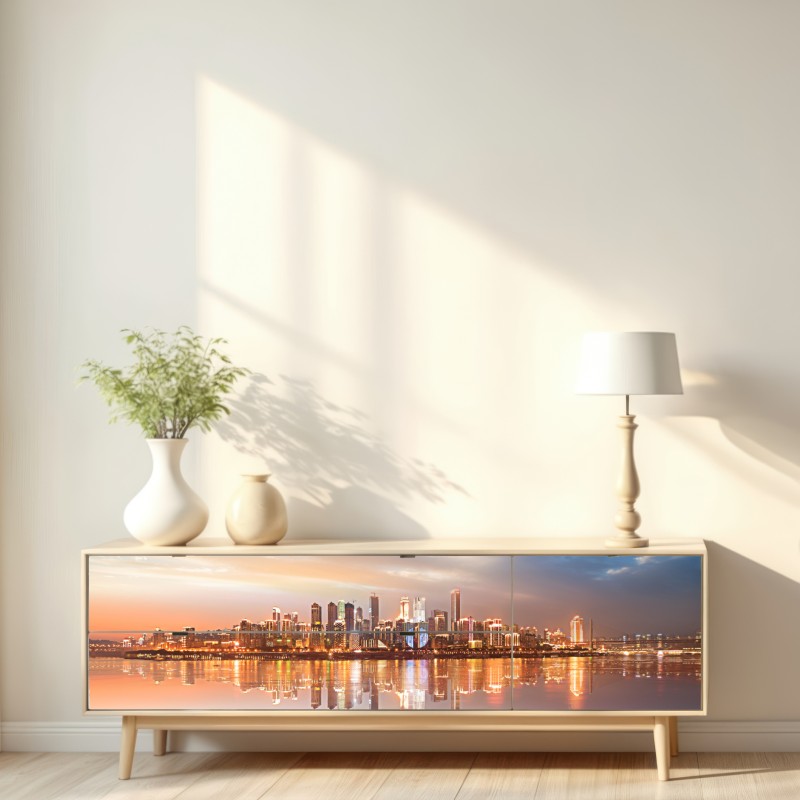 Repositionierbarer Aufkleber stadtsilhouette im spiegelbild bei dämmerung – Wallnifity® Repositionierbarer Aufkleber stadtsilhouette im spiegelbild bei dämmerung – Wallnifity®