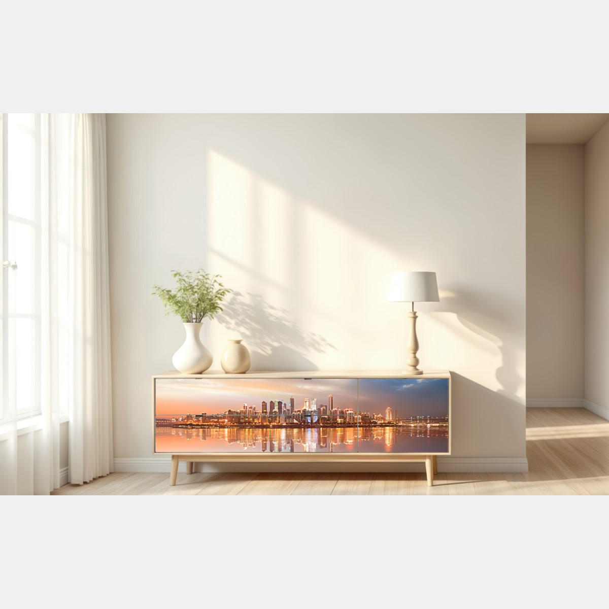 Repositionierbarer Aufkleber stadtsilhouette im spiegelbild bei dämmerung – Wallnifity® Repositionierbarer Aufkleber stadtsilhouette im spiegelbild bei dämmerung – Wallnifity®