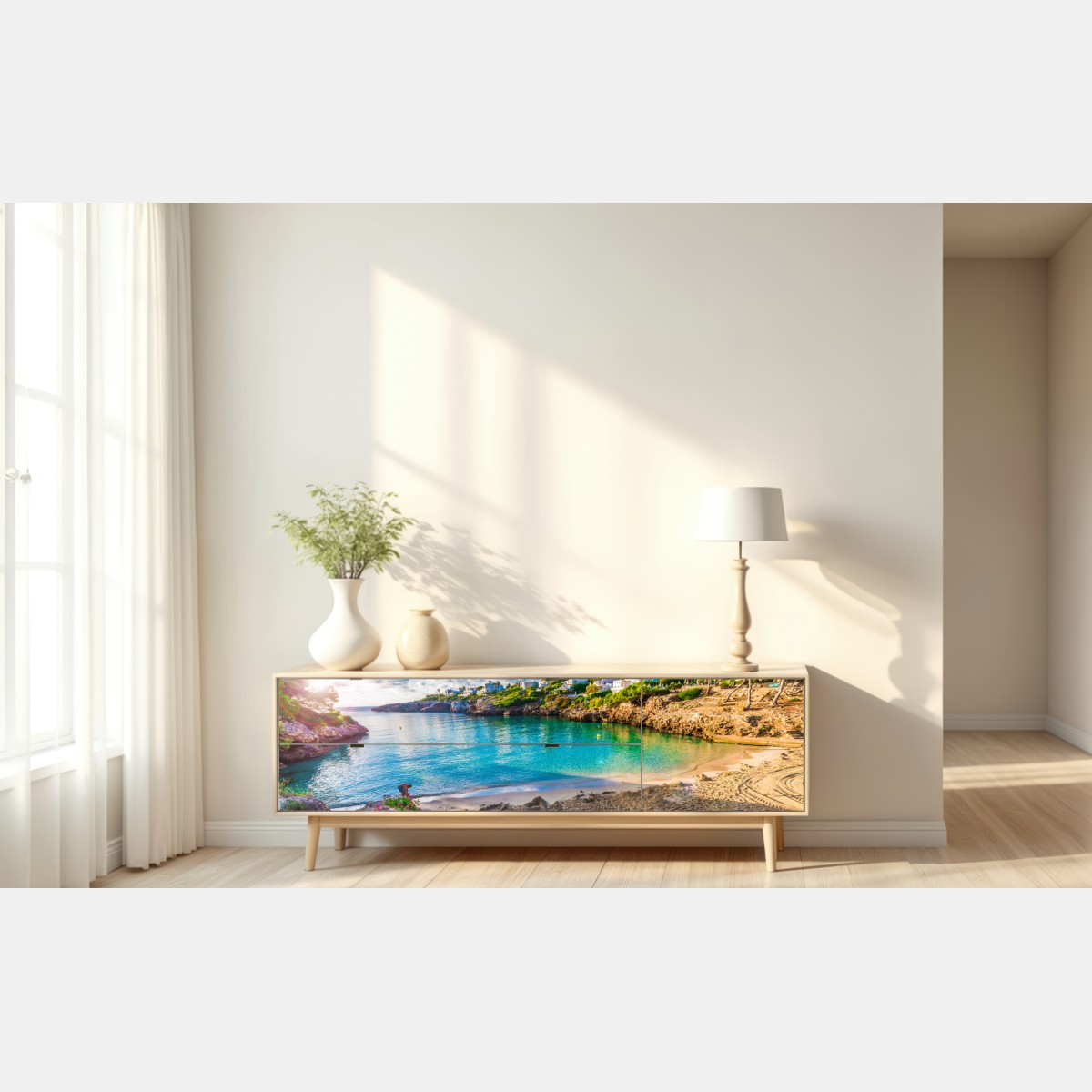 Repositionierbarer Aufkleber sonnige Cala Esmeralda türkisbucht – Wallnifity® Repositionierbarer Aufkleber sonnige Cala Esmeralda türkisbucht – Wallnifity®
